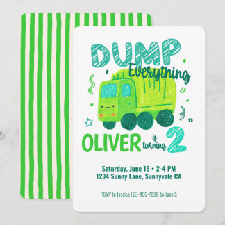 Dump Everything Garbage Truck Birthday Boy Two 2 Invitation