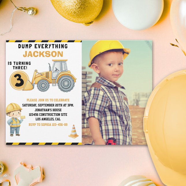 "DUMP EVERYTHING! Photo –Construction 3rd Birthday Invitation (Creator Uploaded)