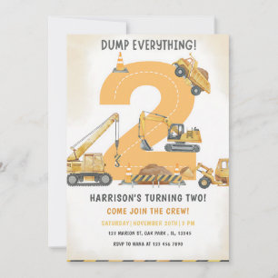 Dump Truck 2nd Birthday Invitation