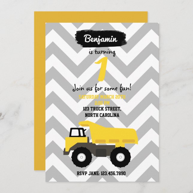Dump Truck Birthday Invitation for Boy or Girl (Front/Back)