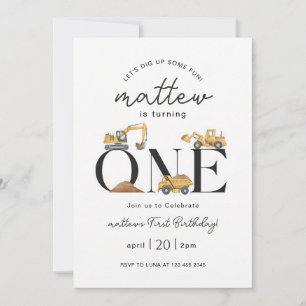 Dump Truck Boy First Birthday Construction Invitation