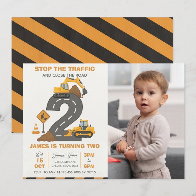 Dump Truck Construction 2nd Birthday Photo Invitation (Front/Back)
