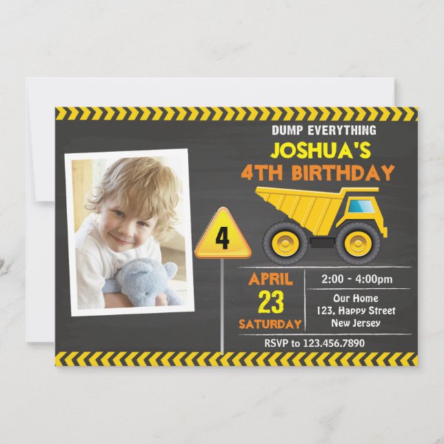 Dump Truck Construction Birthday invitation (Front)