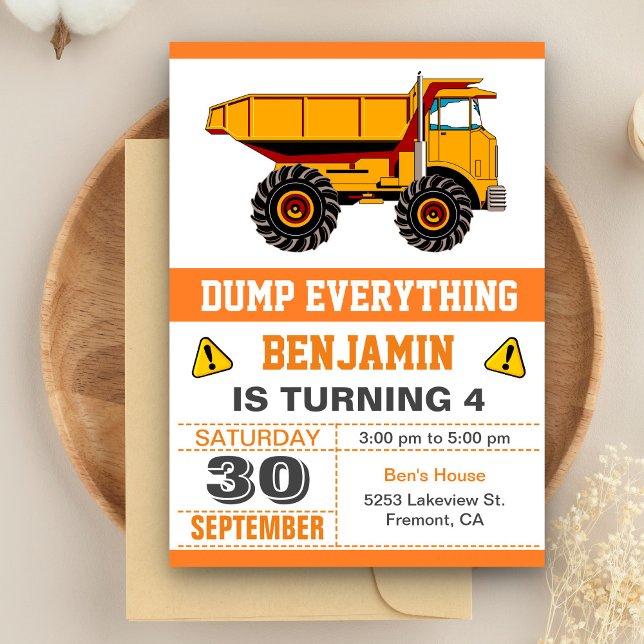 Dump Truck Construction Kids Birthday Party Invitation (Creator Uploaded)
