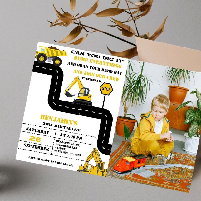 Dump truck construction theme birthday invitation (Creator Uploaded)