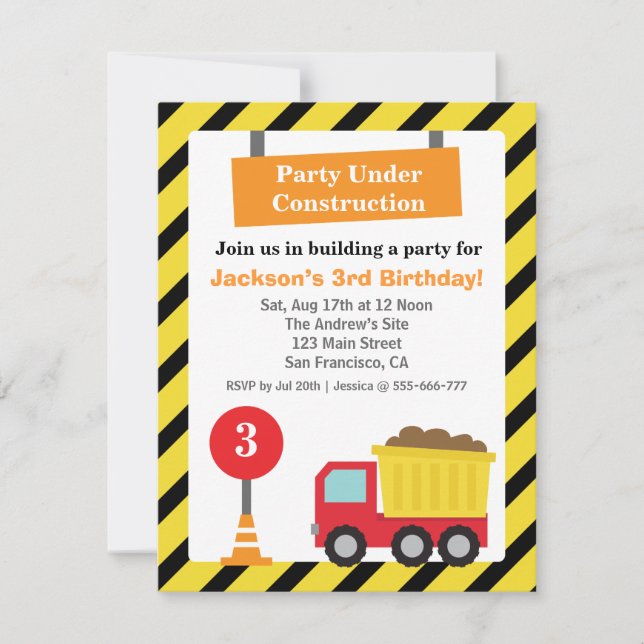 Dump Truck Construction Theme kids Birthday Party Invitation (Front)