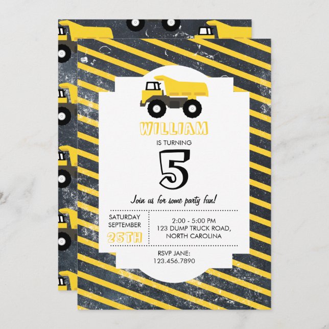 Dump Truck Construction Trucks Birthday Invitation (Front/Back)