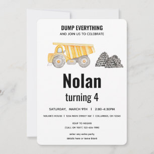 Dump Truck Construction Vehicle Birthday Invitation