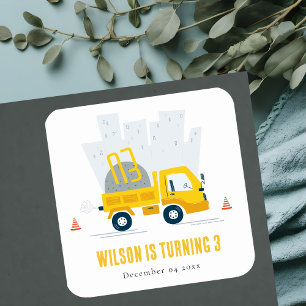 Dump Truck Construction Vehicle Kids Birthday Square Sticker
