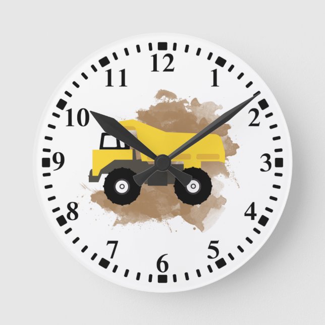 Dump Truck Construction Vehicle Mud Watercolor Round Clock (Front)