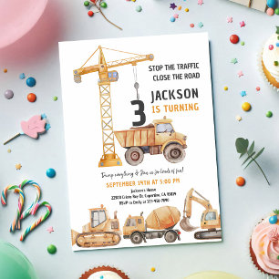 Dump Truck Crane Construction 3rd Birthday Invitation