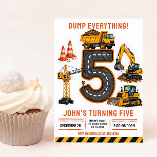 Dump Truck Digger 5th Birthday Invitation