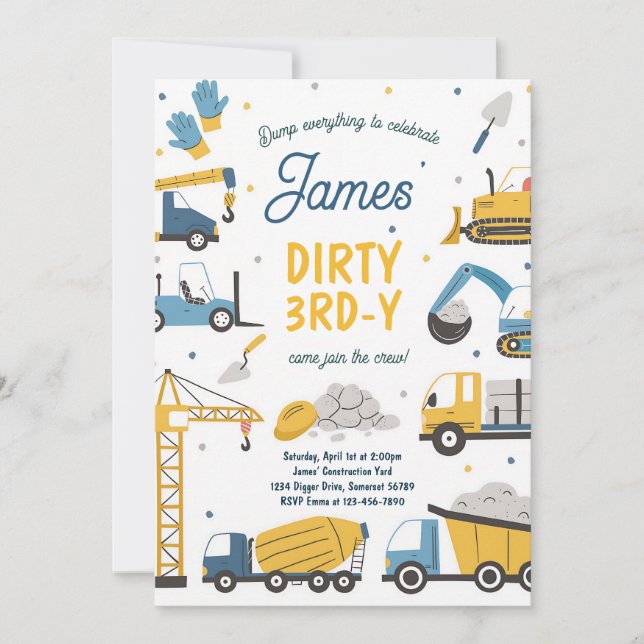 Dump Truck Dirty 3rd Birthday Invitation (Front)