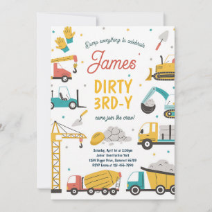 Dump Truck Dirty Third Birthday Construction Invitation