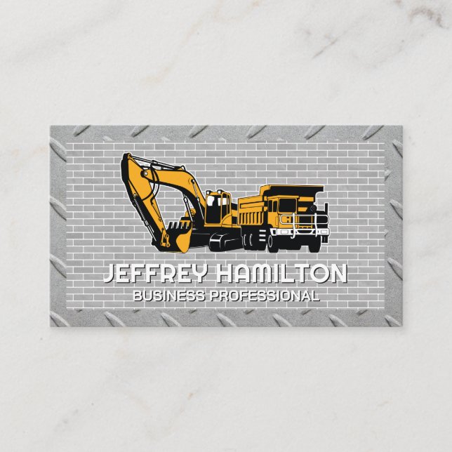Dump Truck Excavator |  Brick Wall | Steel Business Card (Front)