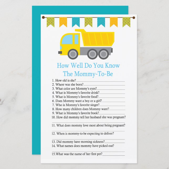 Dump truck how well do you know baby shower game (Front/Back)