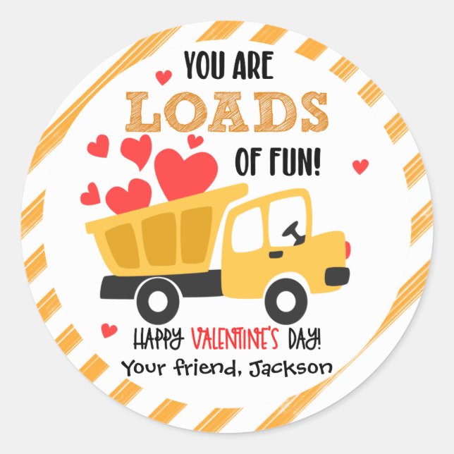 Dump Truck Loads of Fun Valentine Stickers (Front)