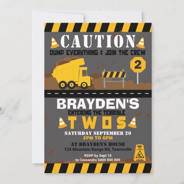 Dump Truck Party Invitation 2nd Birthday (Front)