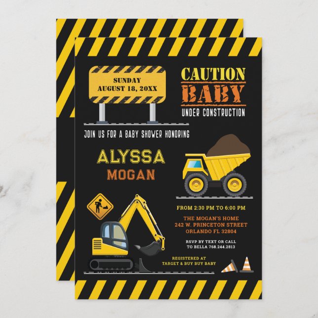 Dump Truck Party Under Construction Baby Shower Invitation (Front/Back)