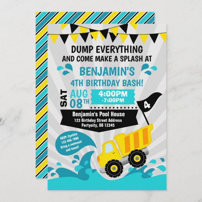 Dump Truck Pool Party Summer Construction Birthday Invitation (Front/Back)