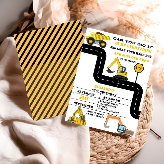 Dump Truck Twin Boy Construction Birthday Invitation (Creator Uploaded)