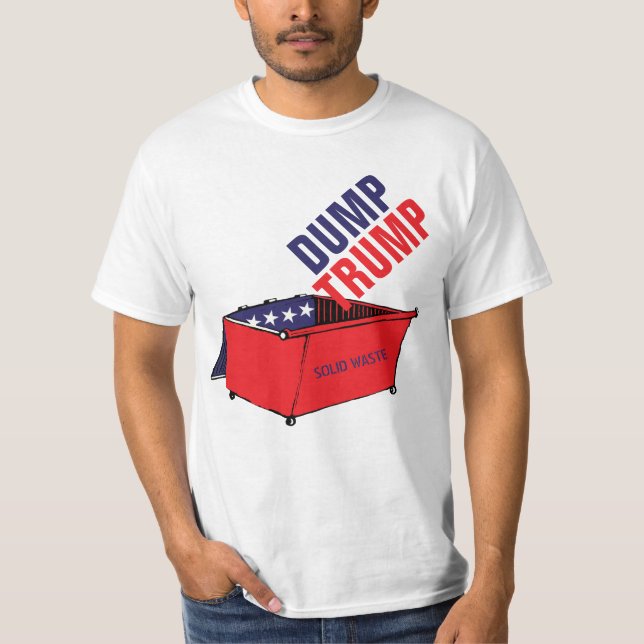 Dump Trump Red, White, & Blue Dumpster Funny T-Shirt (Front)