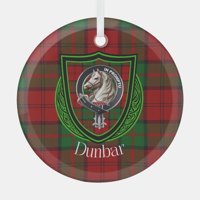Dunbar Scottish Clan Tartan & Crest Glass Tree Decoration (Front)