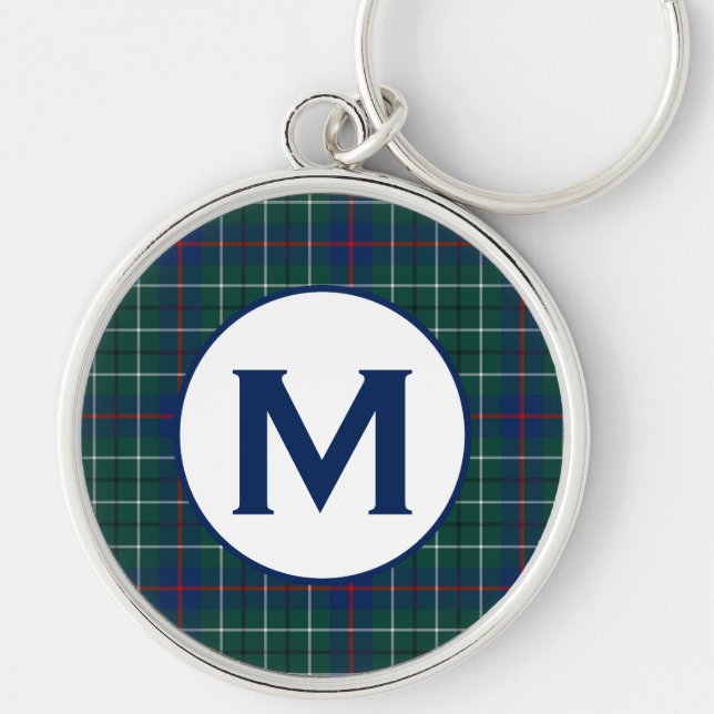 Duncan Family Tartan Green and Blue Plaid Monogram Key Ring (Front)