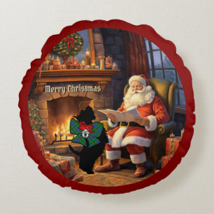 Duncan Scottie Dog & Santa Personalised Xmas Round Cushion