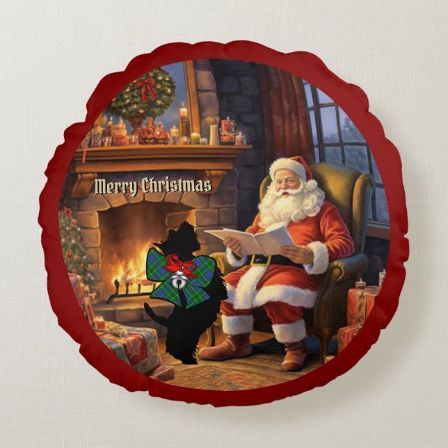 Duncan Scottie Dog & Santa Personalised Xmas Round Cushion (Front)