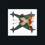 Dungeon Artifact Canvas Print<br><div class="desc">An intricate mystical device that merges ancient alchemy with precise geometry. This X-shaped artifact features a central bone-colored disc engraved with cryptic cuneiform, crowned by a massive star ruby. The frame is heavily inlaid with concentric malachite, deep blue lapis lazuli, and warm amber fragments. Four navigational star-compasses at the tips...</div>