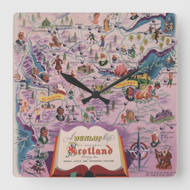 Dunlop Map of Central Scotland Square Wall Clock (Front)