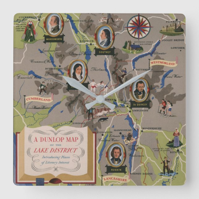 Dunlop Map of Lake District, England Square Wall Clock (Front)
