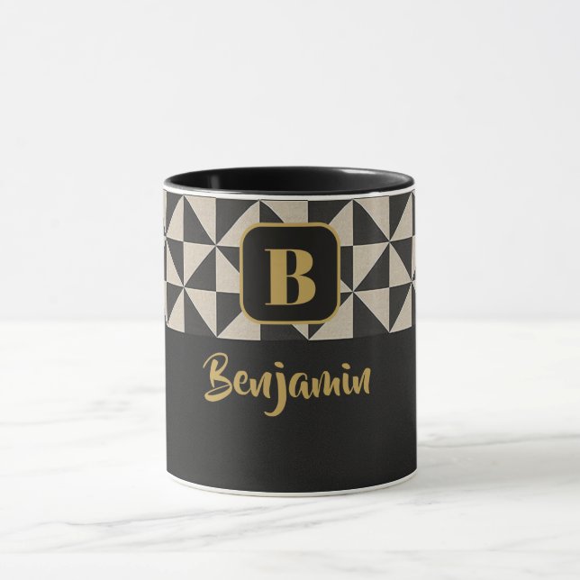 Duo Geo Black & Stone Grey Custom Names Mug (Center)