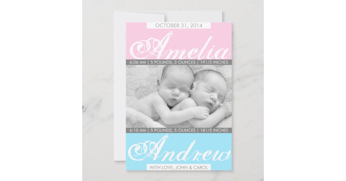 Duo Tones, Twin Birth Announcement Zazzle.co.nz