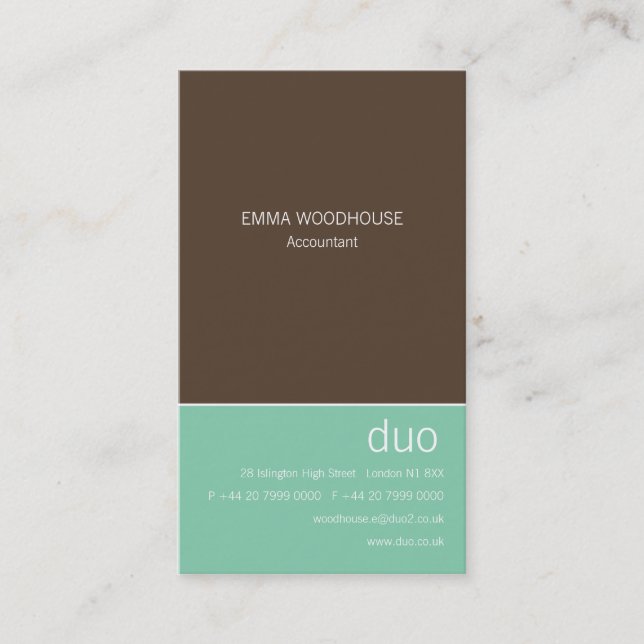 Duo Vertical Chocolate Brown & Mint Business Card (Front)