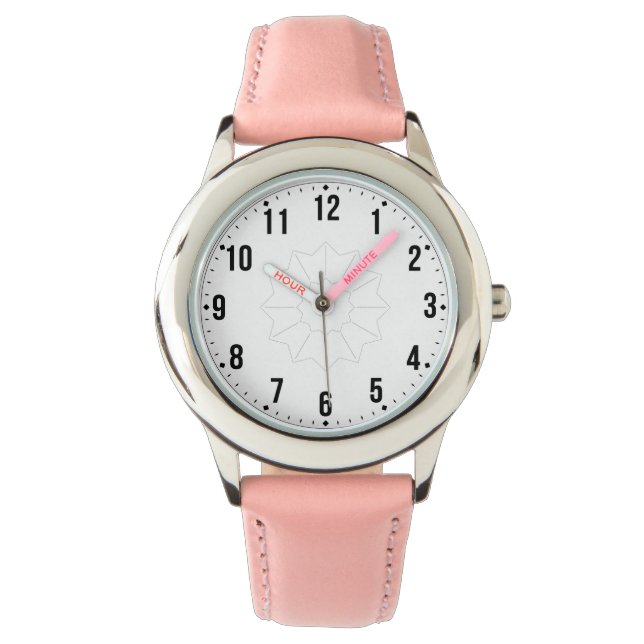Durable Kids Watch with Soft Pink Leather Band (Front)