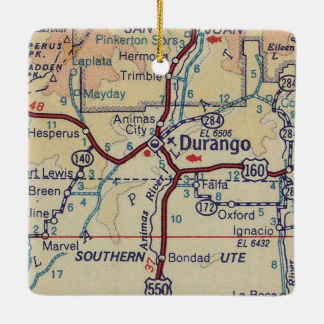 Durango CO Vintage Map Ceramic Ornament (Back)