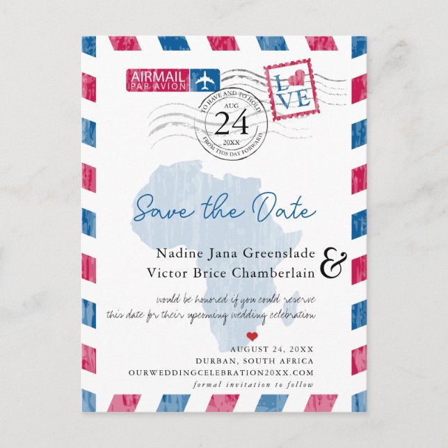 Durban South Africa Airmail Wedding Save The Date Announcement Postcard (Front)