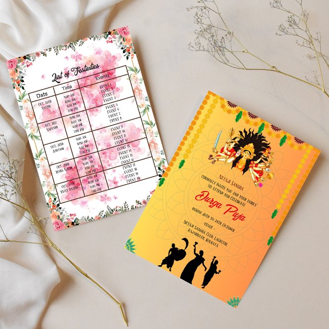 Durga Puja Navratri Bengali Floral Event List Invitation (Creator Uploaded)