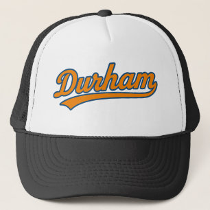Durham Script Logo in Retro Orange and Blue – Bull Trucker Hat