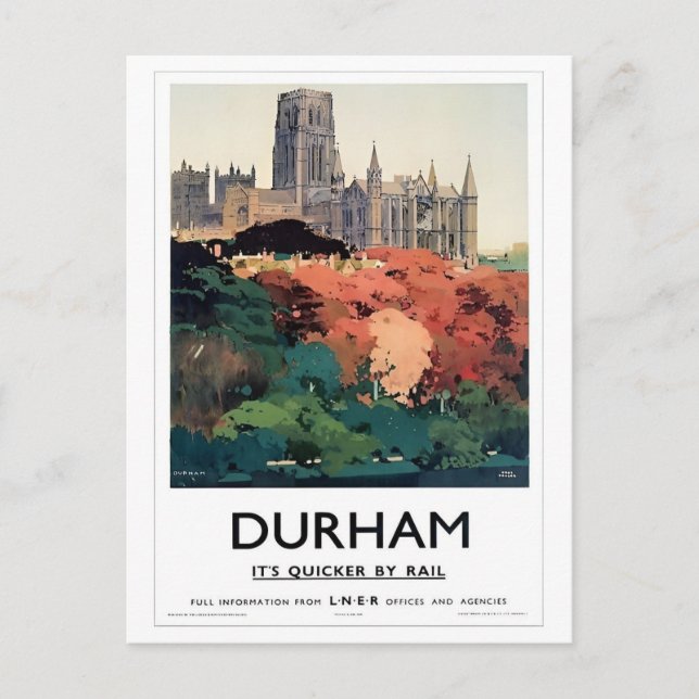 Durham UK, Quicker by Rail Vintage Inspired Postcard (Front)