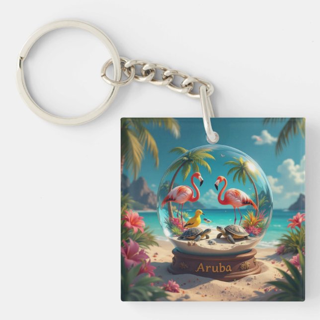Dushi aruba beach globe with flamingos  key ring (Front)