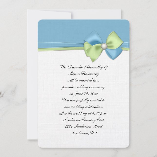 Dusk Blue and Green Ribbons and Bow Reception Only Invitation (Front)