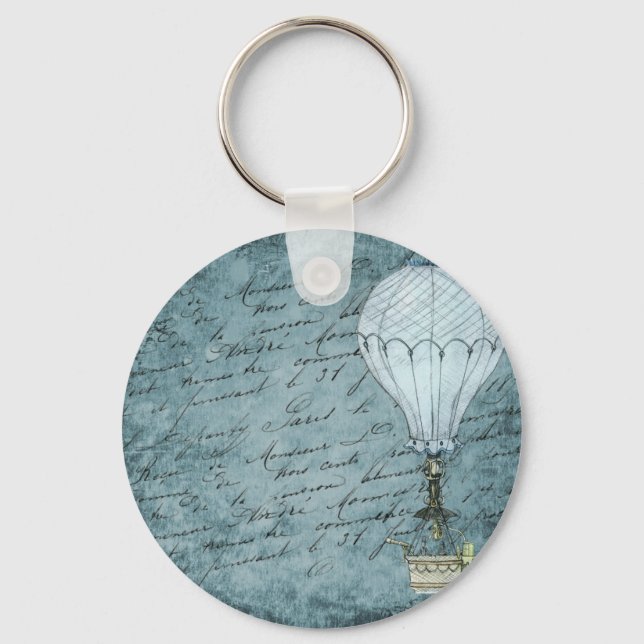 Dusk Blue Hot Air Balloon Steampunk Handwriting Key Ring (Front)