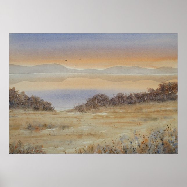 Dusk Lake Blush Watercolor Landscape Print (Front)