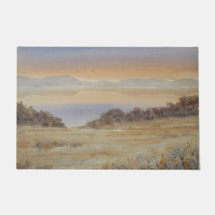 Dusk Lake Blush Watercolor Landscape Print Doormat