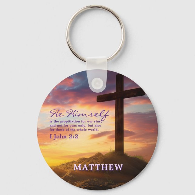 Dusk Silhouette Cross Bible Verse Personalised Key Ring (Front)