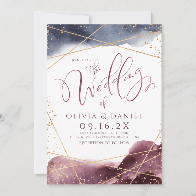 Dusk Watercolor Geometric calligraphy wedding Invitation (Front)