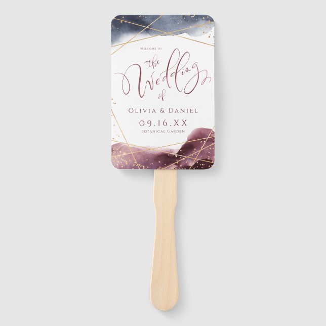 Dusk Watercolor Geometric Modern Wedding Program Hand Fan (Front)